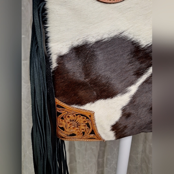 Myra Bag Black & Brown Cowhide Tooled Leather & Fringe Sholder Or Crossbody Bag - Picture 4 of 10